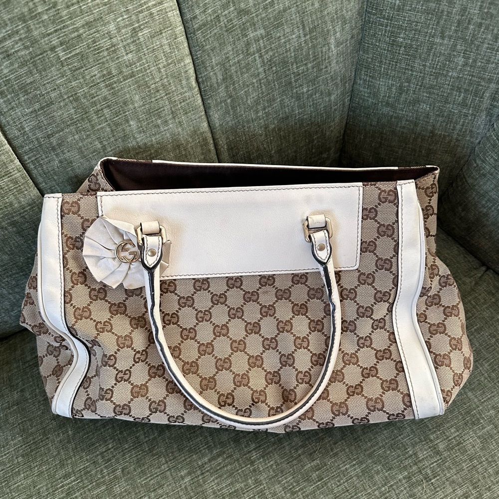 Gucci Trophy Tote in GG Canvas and White Calfskin Leather